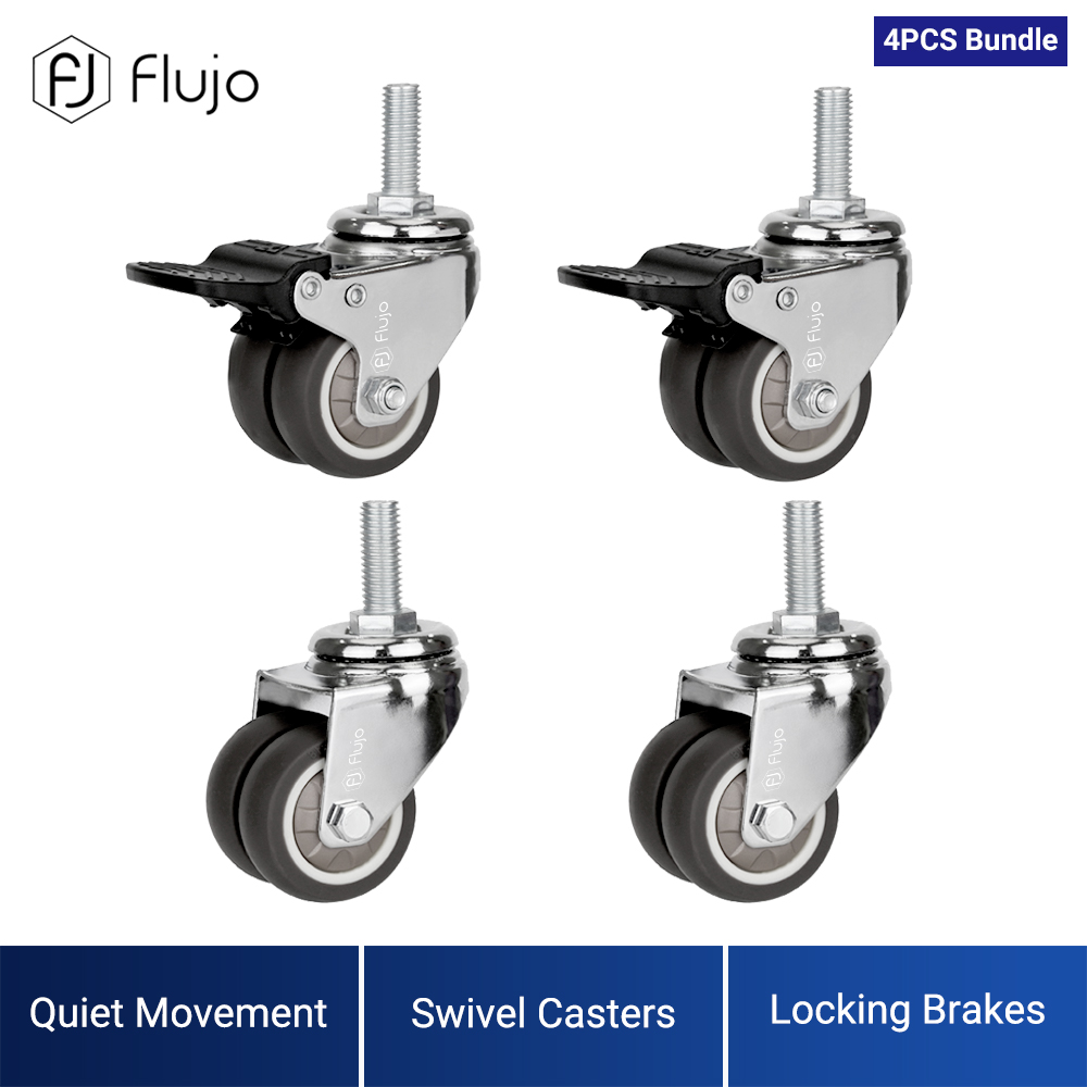 Flujo 4pcs M8 Swivel Wheels Caster TPR Threaded Stem Caster Wheel with Lock Brake Screw 360 Degree Caster Wheels Heavy Duty For Home Office Standing Desk Chair Load 80kg/pc